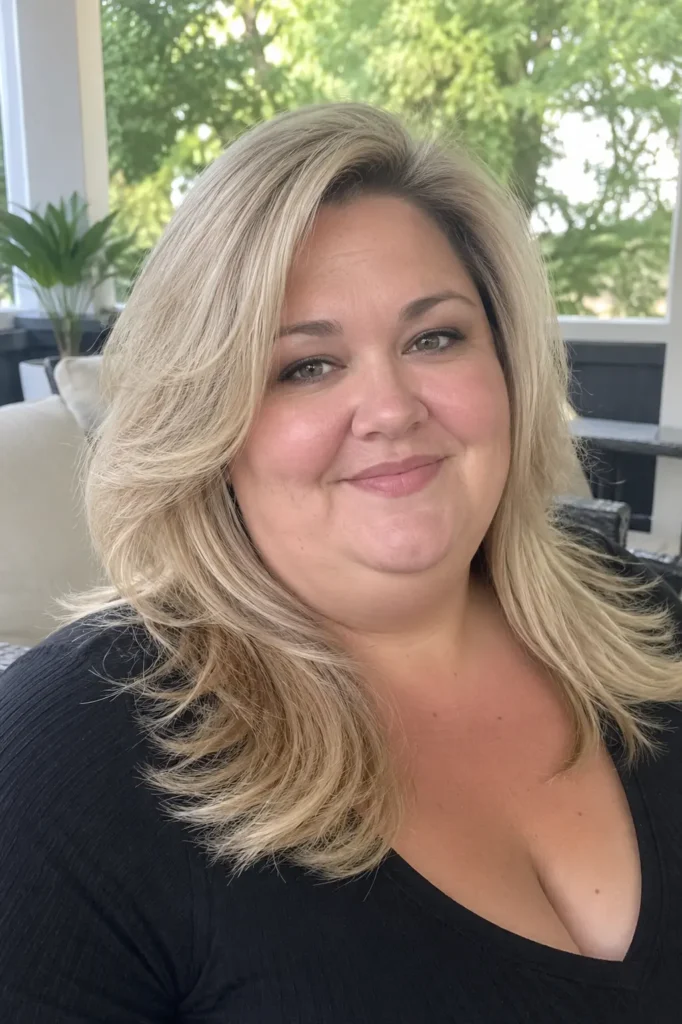 a English plus-size woman aged 30–45 with a medium-length feathered blowout hairstyle in soft beige blonde, showcasing glossy, voluminous layers in bright natural daylight.