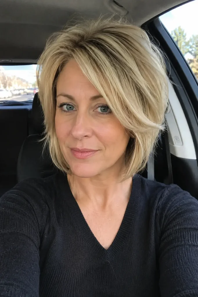 Feathered blonde bob haircut on an oval face, natural-looking English woman with soft volume and realistic texture.
