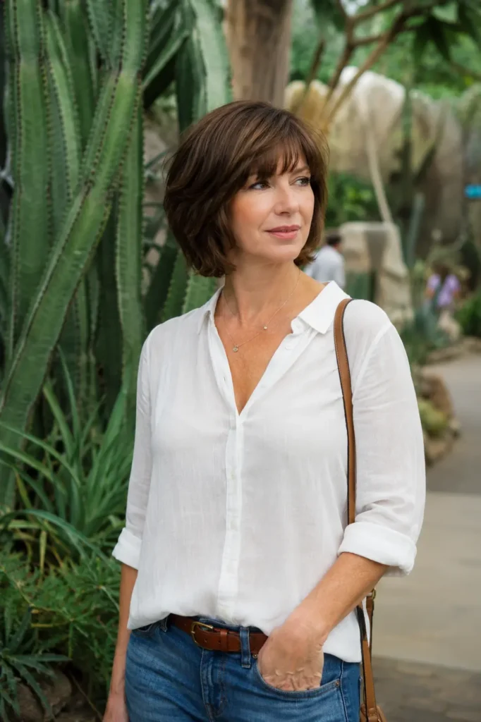woman aged 30–55 with a feathered bob haircut and wispy bangs, medium brown hair, and natural skin texture standing in a lush botanical garden. She wears an elegant white casual blouse and blue jeans, with her hairstyle prominently displayed