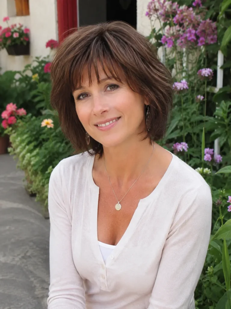 woman aged 30–50 with a feathered bob haircut and wispy fringe, medium brown hair, and natural skin texture, wearing an elegant casual cream top