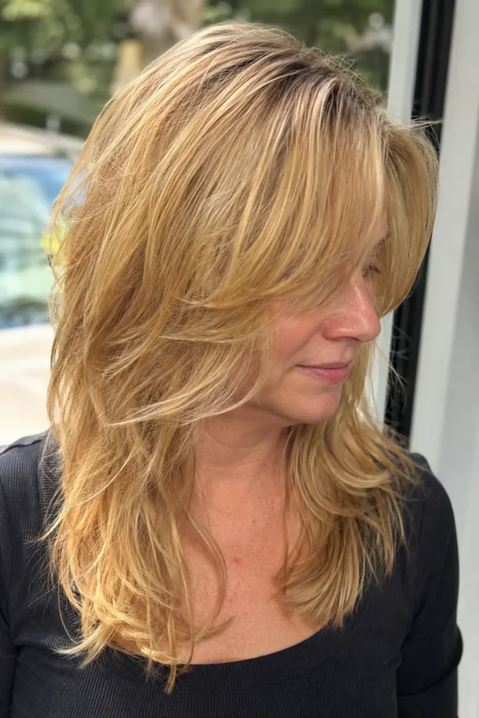 **SEO Description:**
Real English woman with a feathered choppy layered haircut in light golden blonde. Soft sunlight highlights textured layers, volume, and natural hair movement in a realistic portrait.

