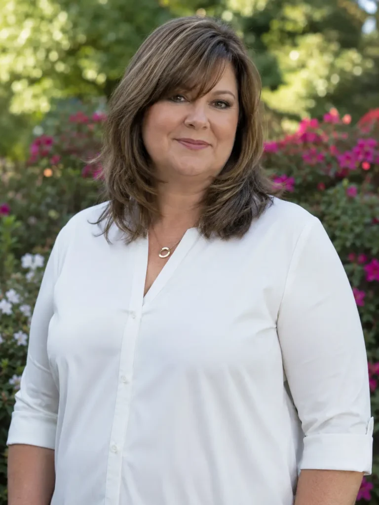 Plus size woman aged 35–55 with a feathered layered haircut and side-swept bangs, medium brown hair, and natural makeup, wearing a modest white blouse in a blooming outdoor garden