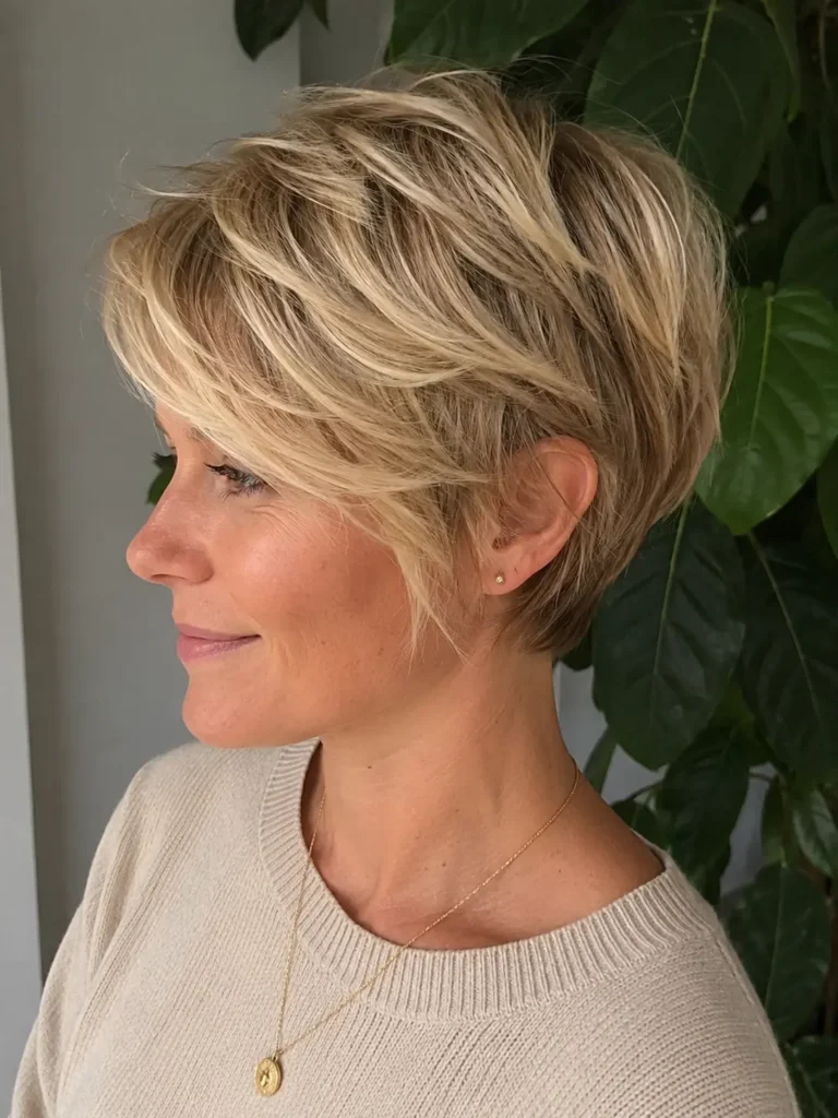 Side-profile portrait of a real English woman with a feathered pixie haircut in soft golden blonde tones. The airy, layered hairstyle is the focal point, showcasing textured feathered strands and natural volume. Captured in bright natural daylight with realistic skin texture and a relaxed expression