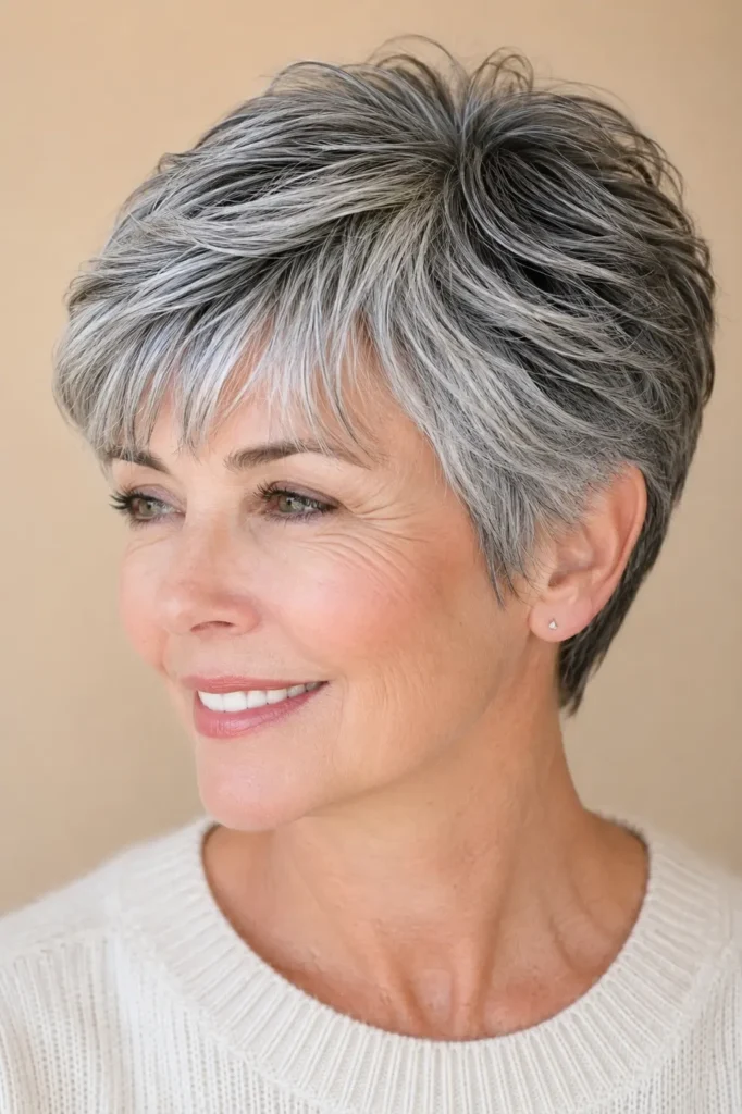 woman with a feathered salt and pepper pixie cut featuring soft textured layers and wispy bangs