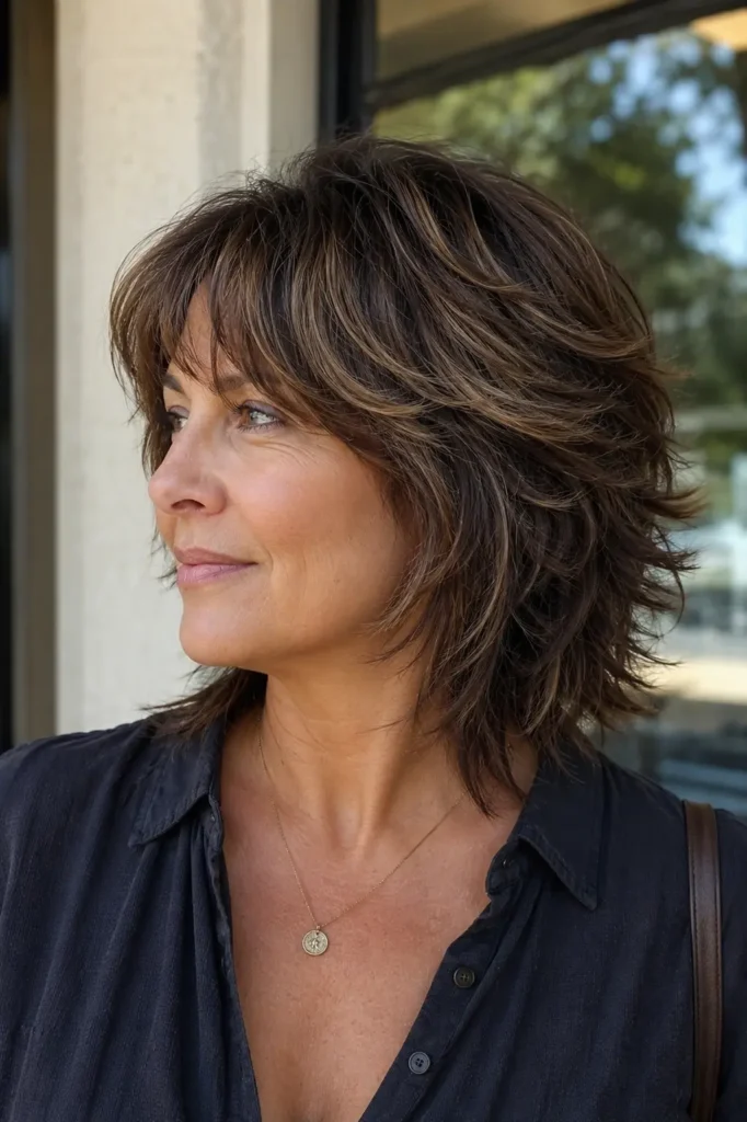 Close-up vertical portrait of a real woman over 40 with a feathered short shag haircut featuring soft layered texture, natural volume, and subtle brunette highlights. The hairstyle is the focal point, showing airy movement and detailed feathered layers in natural daylight.