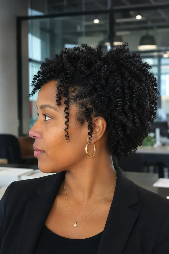 Close-up side-profile portrait of a real woman in a professional office setting wearing a natural finger coils hairstyle. Her highly defined Type 4 coils are styled with visible curl definition and realistic texture, with a few coils framing her face.