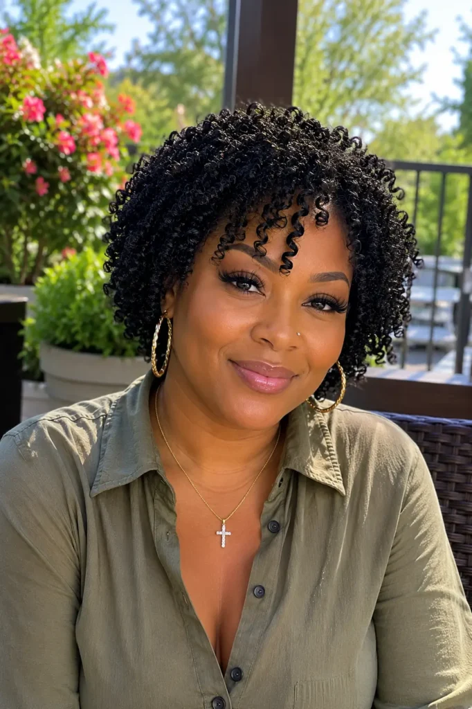 Black woman with a short finger coil hairstyle featuring defined spiral curls, photographed outdoors in a lush garden setting. She wears an elegant casual olive-green blouse and subtle gold jewelry