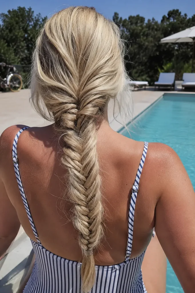 Rear-view vertical portrait of a real everyday woman with long platinum blonde hair styled in a detailed fishtail braid, seated poolside in bright summer sunlight