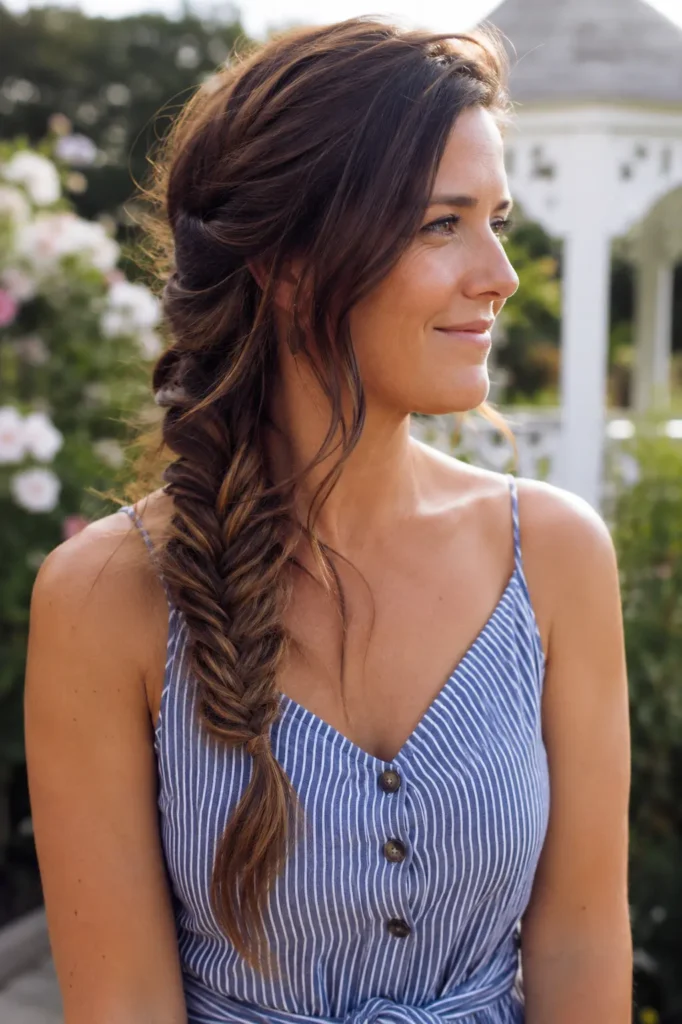 woman aged 25–45 with a loose brunette fishtail braid showcasing natural hair texture and volume, photographed in a sunlit summer garden