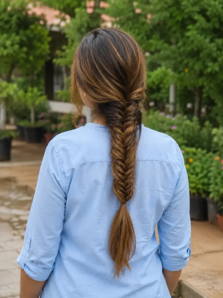 Back view of a real woman with a long fishtail braid and caramel balayage hair standing in a sunlit garden, showcasing a detailed braided hairstyle with natural texture and soft highlights.