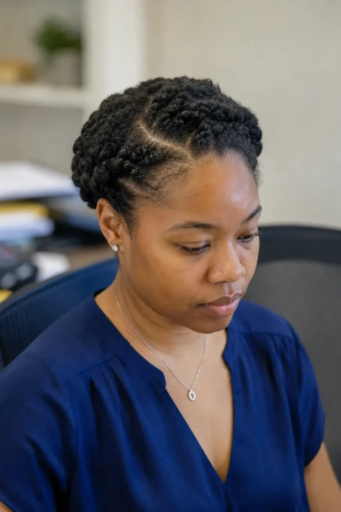 everyday woman with a natural flat twist crown hairstyle featuring detailed twists wrapped around the head, showcasing realistic Type 4 hair texture. She is seated in a professional office setting with soft natural lighting, wearing a navy blouse and a subtle necklace