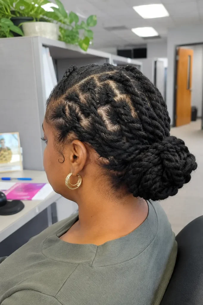Side and back view of a real woman in a professional office setting wearing flat twists that lead into a neat low bun