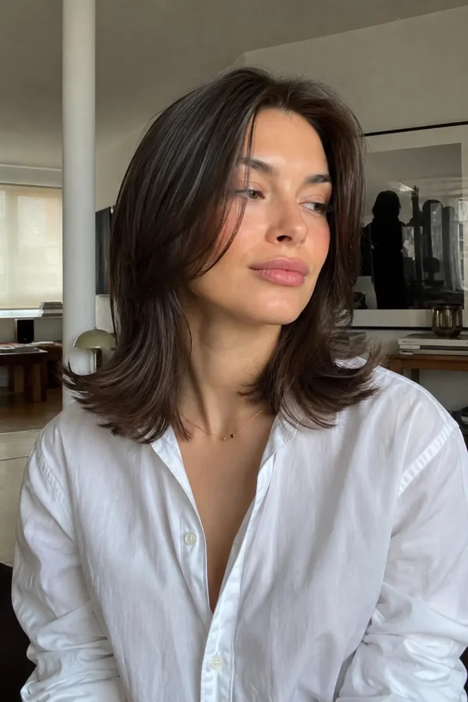 woman with medium-length brunette hair styled with soft flipped ends, showcasing smooth shine and natural movement. She wears a casual chic white blouse in a bright indoor setting with natural daylight. The portrait highlights realistic hair texture