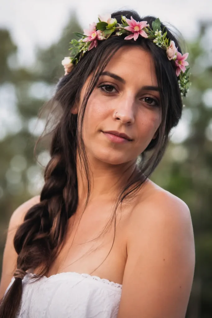 22-year-old woman wearing a floral headband and a loose textured braid hairstyle, photographed outdoors in soft natural light. Her braid features natural volume, texture, and wispy strands for a relaxed, romantic look