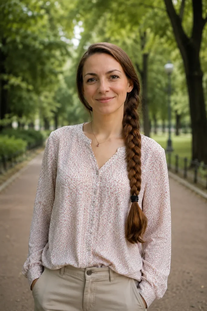 woman with a four-strand braid hairstyle and long chestnut brown hair standing in a park. She wears a light casual-elegant blouse and beige pants, with natural skin texture and a relaxed expression