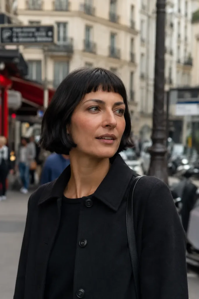 woman with a sleek black French bob haircut and short micro bangs standing on a European-inspired city street. Her hairstyle is clearly visible, featuring a sharp jaw-length cut with a smooth, glossy finish. She wears a stylish black outfit and has natural skin texture and minimal makeup.