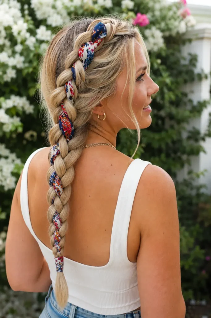 **Alt text:**
Rear view of a real English woman with champagne blonde hair styled in a neat French braid woven with a colorful bandana ribbon, standing in a sunlit garden. The intricate braid is cleanly finished at the end, with realistic hair texture and soft natural daylight highlighting the hairstyle.
