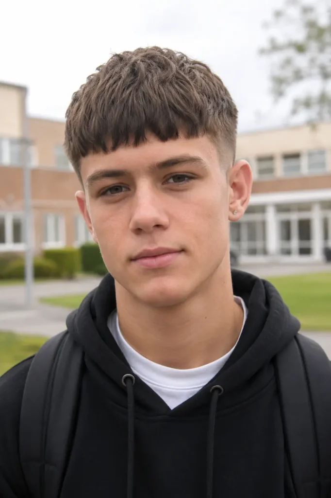 teenage boy with a French crop haircut featuring a short textured fringe and tapered sides, standing outdoors on a school campus in natural daylight, wearing a black hoodie with a realistic and natural appearance.