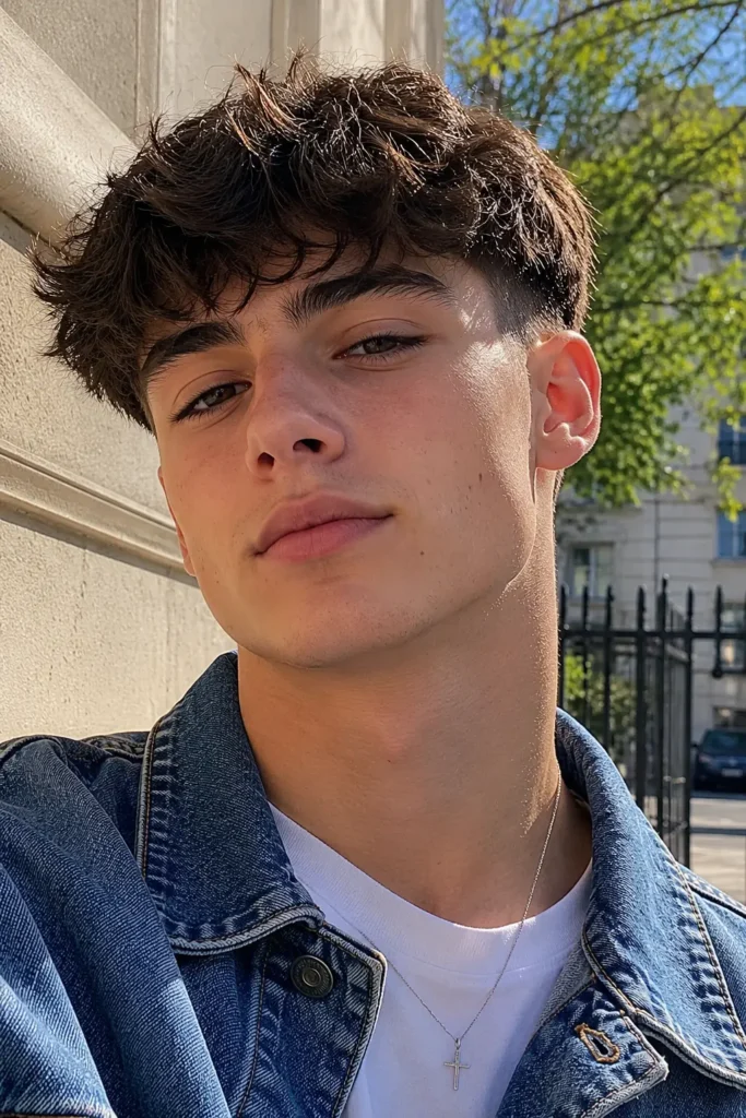 teenage boy with a French crop haircut featuring a textured fringe and short faded sides, wearing a blue denim jacket and white T-shirt.
