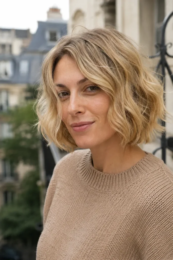French tousled bob haircut on an oval-faced English woman with soft beige blonde waves, natural outdoor portrait and realistic everyday style.
