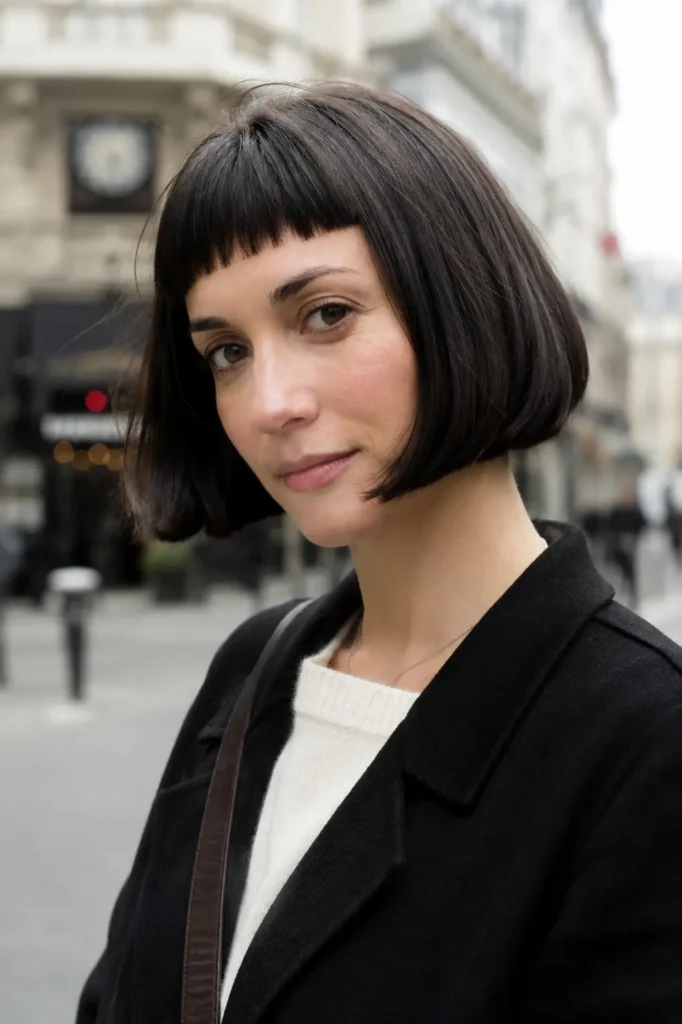 woman with a sleek dark brunette French bob haircut and short micro bangs, photographed outdoors on a city street. The upper-body portrait highlights the sharp bob shape