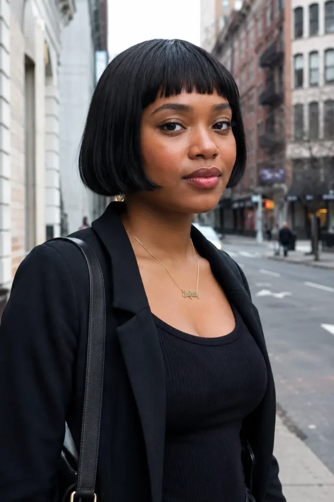 Black woman with a sleek French bob haircut and short micro bangs, standing on a city street. Her glossy black hair frames her face neatly, highlighting realistic skin texture and natural makeup. Wearing a stylish black outfit