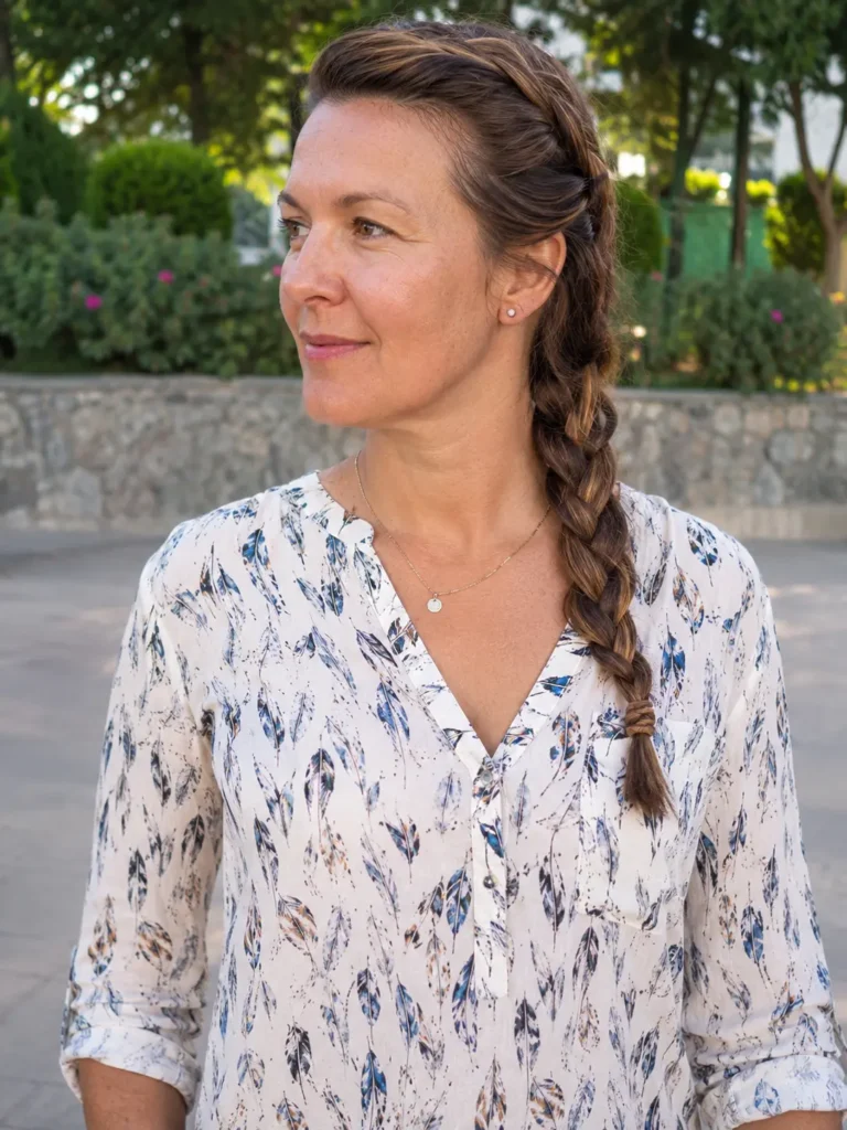 woman in her 30s with a neat French braid and medium brown hair, wearing a casual patterned blouse, standing in a sunlit park with natural greenery in the background