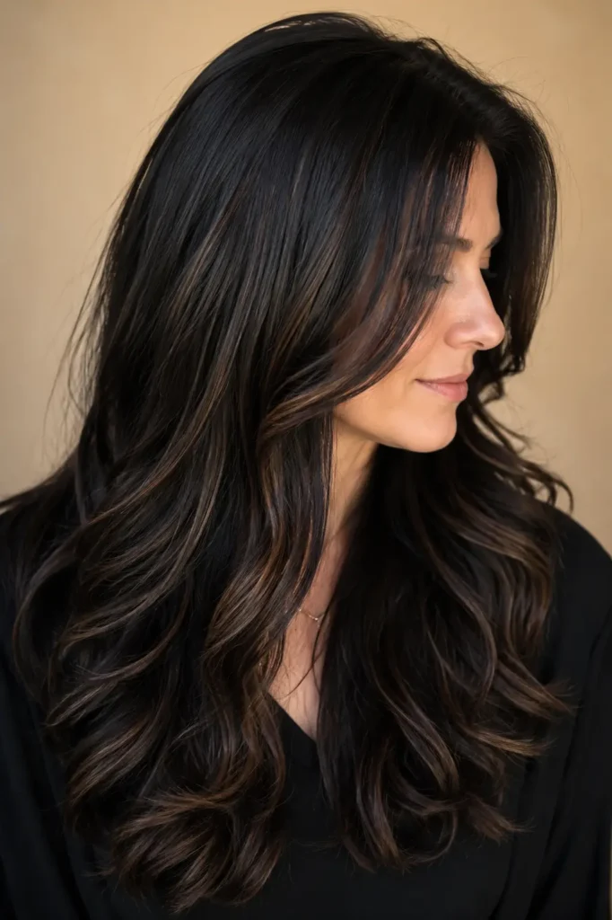  A English woman with long glossy black hair featuring elegant walnut brown highlights, styled in soft loose waves under bright natural light against a soft beige background, with the silky, healthy hairstyle as the main focus.