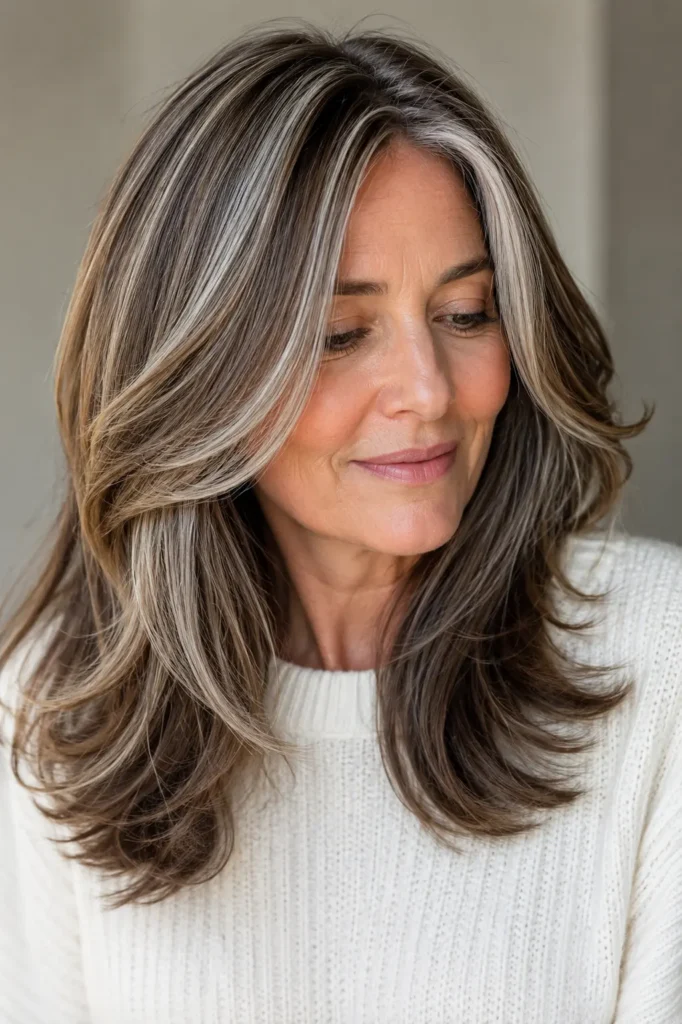portrait of a 45–60-year-old English woman with glossy brown hair featuring elegant silver halo highlights, wearing an ivory sweater against a soft neutral background with bright natural daylight.
