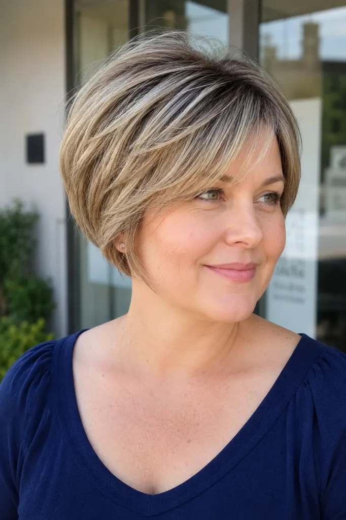 English woman with a round face wearing a graduated pixie bob haircut featuring stacked layers and voluminous crown height,