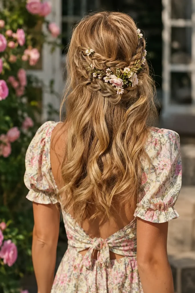 Back view of a realistic English woman with honey blonde hair styled in a detailed half-up flower braid adorned with small blossoms. She wears a pastel floral summer dress with puff sleeves and an open-back bow detail, standing in a sunlit garden filled with blooming flowers