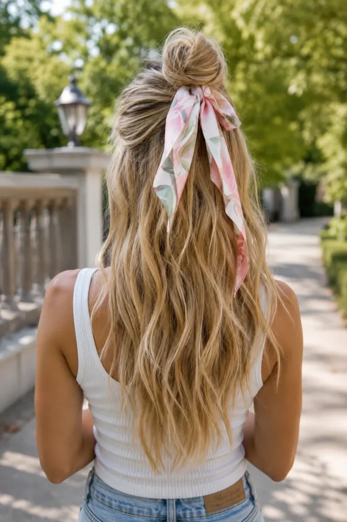 Blonde half-up half-down hairstyle with a pastel bandana bow, shown from the back in a sunny garden setting.
