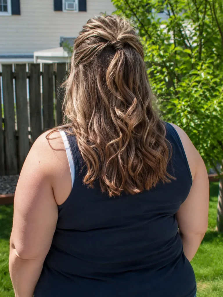 Back view of a real English plus-size woman with a medium-length half-up, half-down hairstyle in soft light brown hair, standing outdoors in bright natural daylight