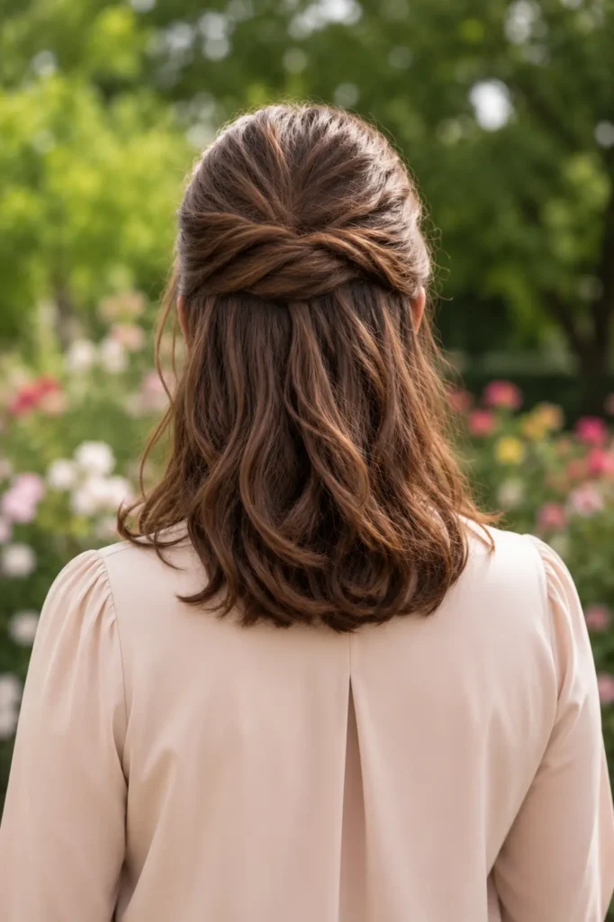 Back view of a real woman aged 40–60 with a shoulder-length half-up half-down hairstyle featuring soft volume at the crown and gently flowing waves. The hairstyle is the main focus, showcasing detailed hair texture and natural movement