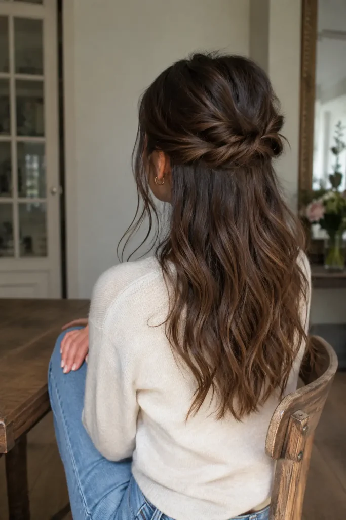 Back view of a real woman with medium-length brunette hair styled in a half-up half-down twisted hairstyle, featuring soft waves and natural shine. She wears a casual cream sweater in a cozy indoor setting with natural daylight,