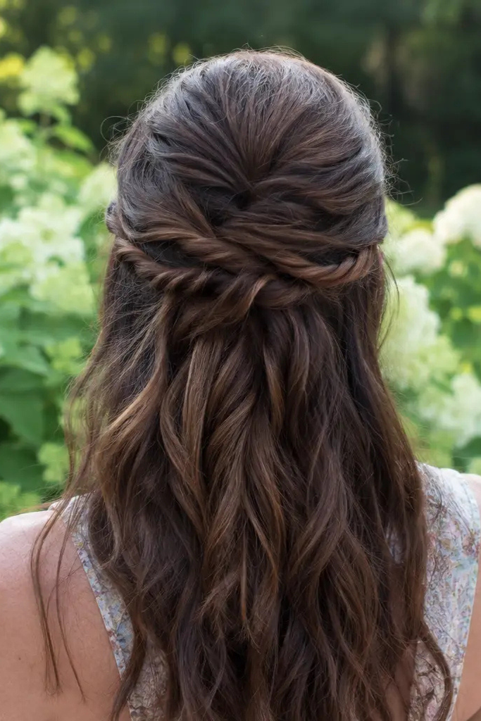 a woman with long brunette hair styled in a half-up half-down twisted hairstyle, standing in a sunlit summer garden.