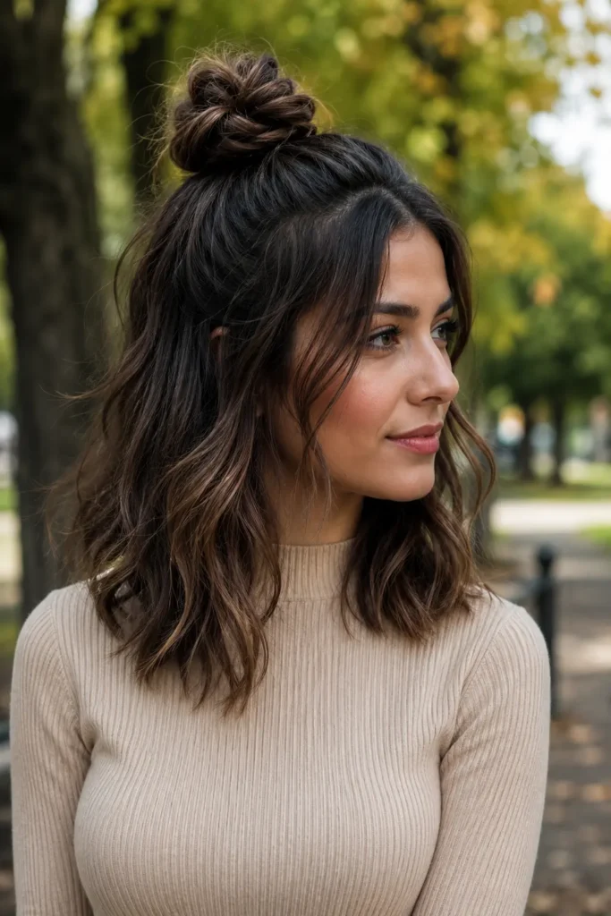 25-year-old woman with a shoulder-length half-up top knot hairstyle, featuring a textured bun at the crown and loose wavy hair cascading below. Soft face-framing layers enhance the natural movement and dimension of the hairstyle