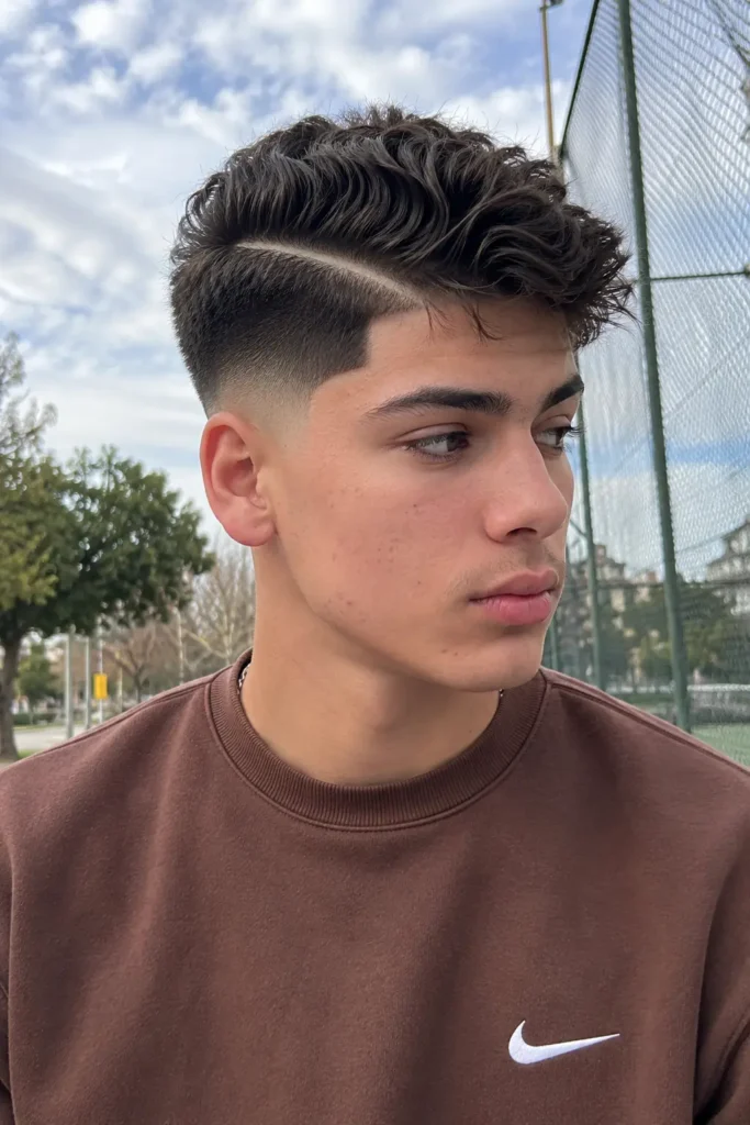 teenage boy with a hard part fade haircut featuring a sharp shaved part line and clean faded sides, wearing a brown sweatshirt. The portrait is taken outdoors in natural daylight, showcasing authentic facial features, natural skin texture