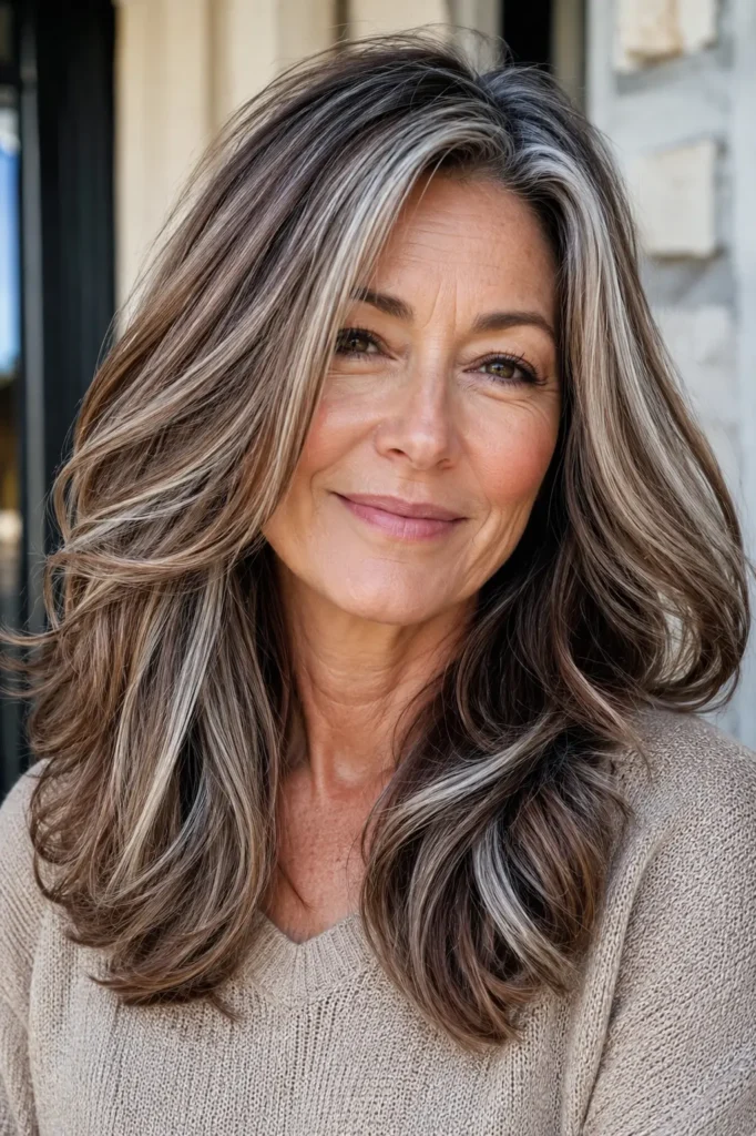English woman aged 45–60 with glossy hazelnut brown hair featuring silver ribbon balayage, styled in soft layers with a silky shine, wearing a beige knit sweater against a blurred outdoor background.