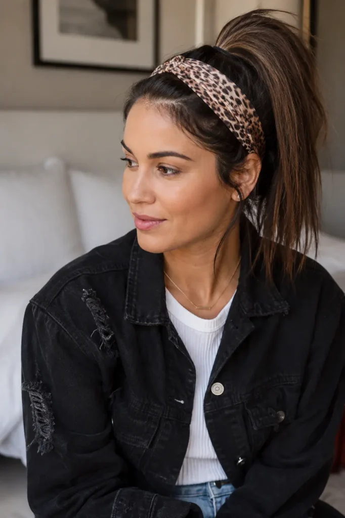 woman portrait with stylish headband and high ponytail hairstyle, natural hair texture, realistic facial features, casual modern fashion, trendy everyday look, ultra-realistic beauty photography.