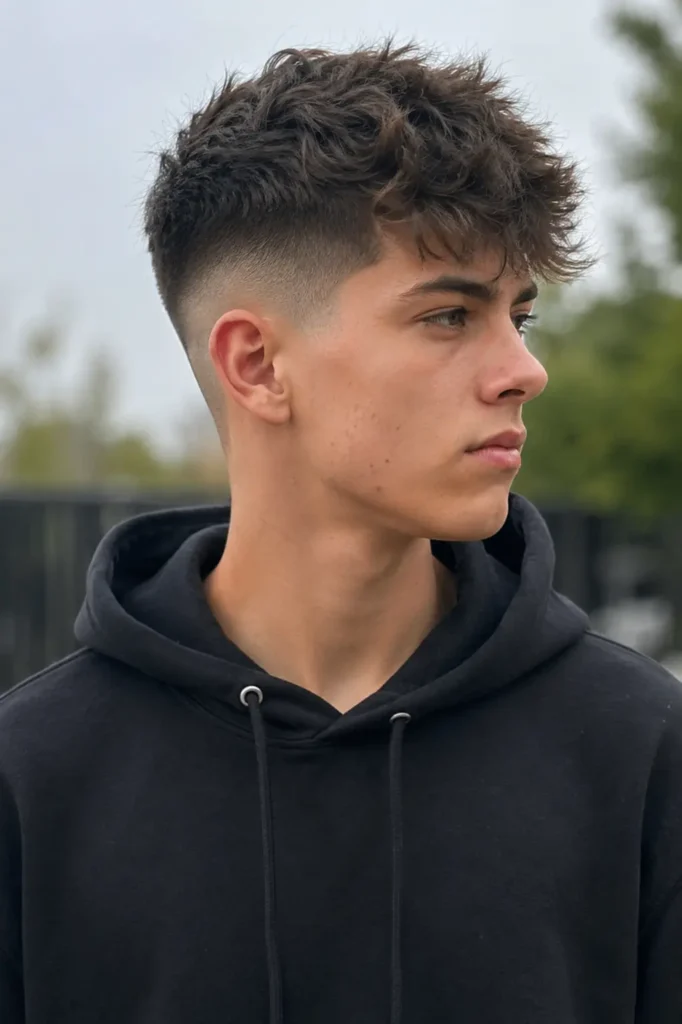 teenage boy with a high fade haircut and voluminous textured top, wearing a black hoodie outdoors. Natural daylight highlights his realistic facial features