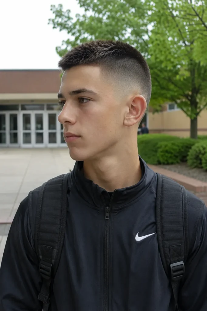 teenage boy with a high and tight haircut featuring very short faded sides and a slightly longer textured top, standing outdoors on a school campus in natural daylight. He wears casual athletic clothing and a backpack, with realistic facial features