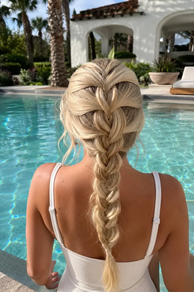 woman with creamy blonde hair styled in a detailed infinity braid hairstyle, sitting by a luxury indoor pool in bright summer daylight