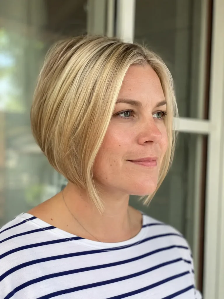 woman with a sleek inverted bob haircut and soft blonde hair, photographed in natural daylight. The hairstyle features a graduated layered shape with longer front sections framing the face and a neatly tapered back