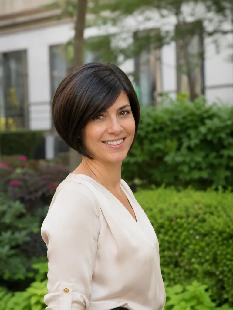 woman aged 30–50 with a sleek dark brown inverted bob haircut and side-swept bangs, wearing an elegant light-colored blouse. She is photographed outdoors in a lush city garden with greenery and modern buildings softly blurred in the background.