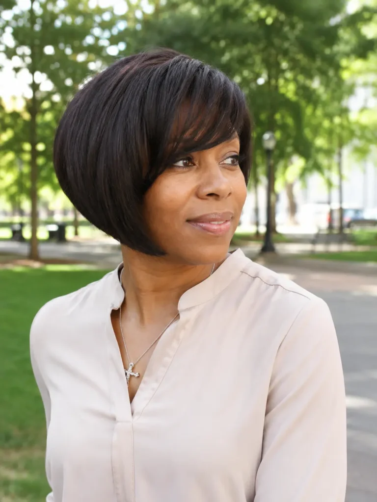 Black woman with a sleek dark brown inverted bob haircut and side-swept bangs, standing in a sunny city park. She wears an elegant light-colored blouse and natural makeup,