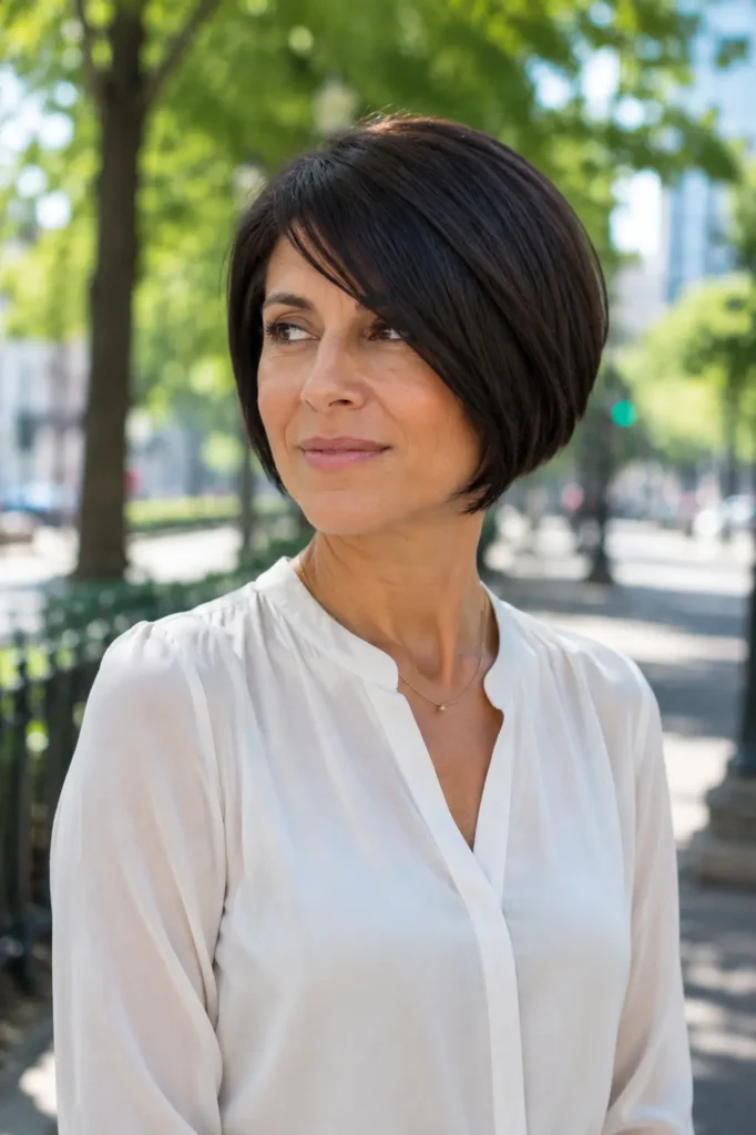 woman aged 30–50 with a sleek dark brown inverted bob haircut and side fringe, wearing a white elegant blouse in an outdoor city park