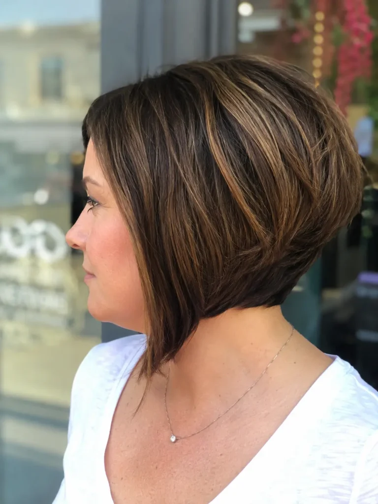 
Real English woman with a round face wearing an inverted pixie bob haircut featuring stacked back layers and a sleek angled silhouette. Her glossy brunette hair shines in bright natural daylight, captured in a realistic DSLR-style side-profile portrait with the hairstyle as the main focus.
