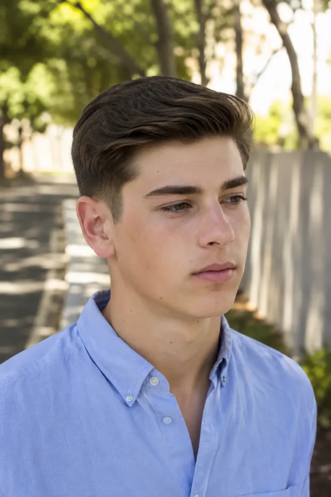 teenage boy with an Ivy League haircut featuring a clean side part and tapered sides, wearing a light blue button-up shirt outdoors.