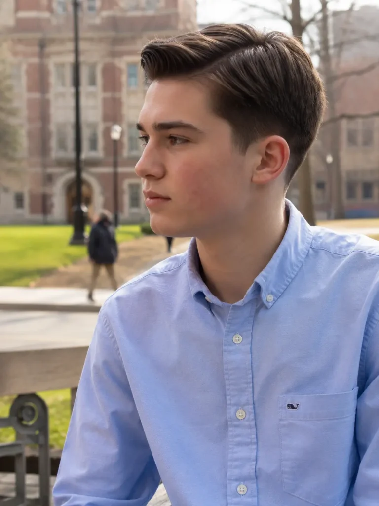 Teen boy with an Ivy League haircut and side-parted hair, wearing a light blue button-up shirt, sitting on a school campus in natural daylight